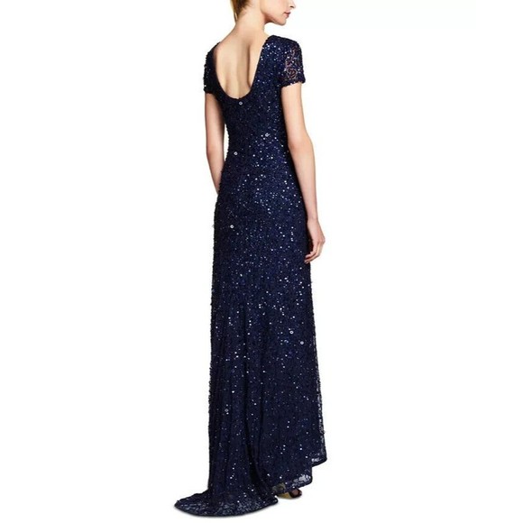 💙 ADRIANNA PAPPEL Navy Blue Sequin Embellished Beaded Gown w/ Train 0P Petite - Picture 2 of 7
